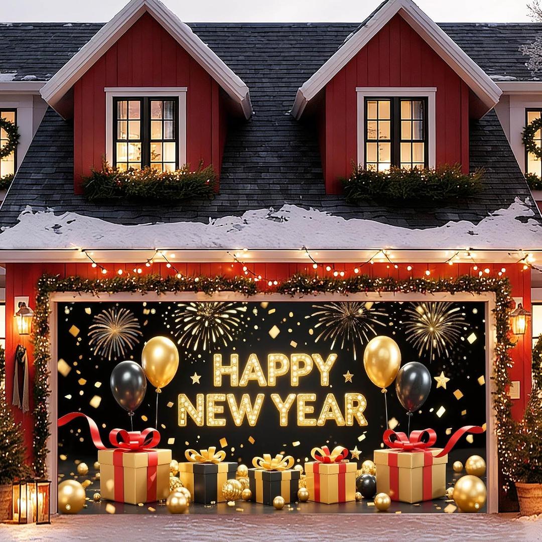 13x6ft Happy New Year Garage Door Banner Luxury Golden Black Balloons Backdrop New Year's Eve Garage Door Cover Decoration for Celebration Party Indoor Outdoor House Wall