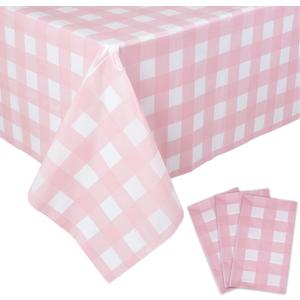 Kesfey 3 Packs Pink Gingham Tablecloth Pink and White Checkered Tablecloths 54 x 108 Inches Disposable Plastic Gingham Tablecovers Waterproof Rectangle Picnic Table Covers for Birthday Party Supplies