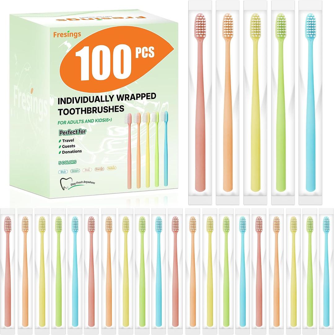 100 Pack Disposable Toothbrushes Bulk – Individually Wrapped Soft Bristles Single Use for Adults & Kids, Travel Hotel Guest Dental Office Donation Emergency Hygiene,Minimalist Design 5 Colors