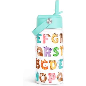 Alphabet Kids Water Bottle with Straw Lid 12oz Insulated Stainless Steel, Travel Tumbler, Animal Gifts for Boys Girls, Birthday, Christmas, Back to School