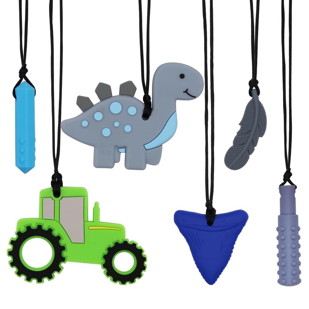 Chew Necklaces for Sensory Kids, 6 Pcs Chewy Necklace Teether for Boys and Girl to Chewing Biting and Teething, Silicone Chewable Fidget Necklaces for Autistic Toddlers Children Teens and Adults