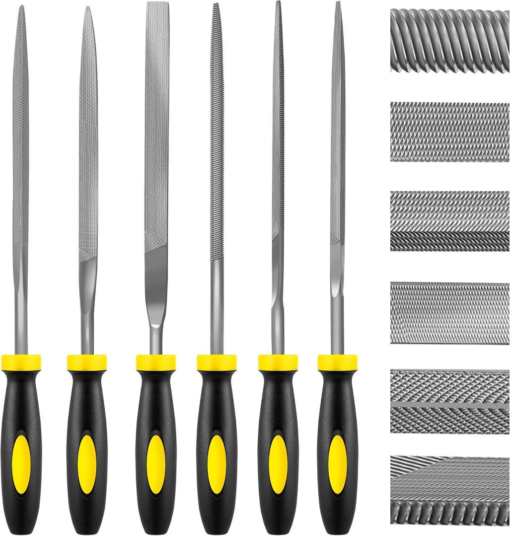 6-Piece Metal Needle File Set - Hardened Alloy Steel Includes Flat, Warding, Square, Triangular, Round, and Half-Round Files (Black-6pcs)