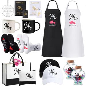 15 Pcs 2025 Wedding Gift Mr and Mrs Gifts for Couples Set, Mr and Mrs Aprons Wedding Honeymoon Bridal Shower Cooking Gifts Ideas for Bride Groom Engagement Anniversary Travel(Bride)