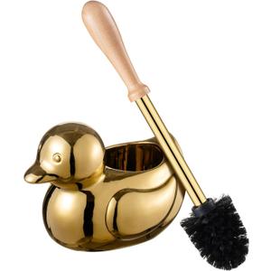 Duck Toilet Brush and Holder Set - Ceramic Bathroom Toilet Scrubber Brush Organizer with Wooden & Stainless SteelHandle, Gold Toilet Brush & Cute Duck Design for Bath Decor Storage