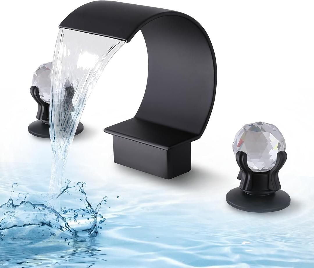 Waterfall Bathroom Faucet 3 Hole Widespread, 8-Inch High Arc Bathroom Sink Faucet with Supply Hoses, Dual Crystal Handles Vanity Mixer Tap, Modern Matte Black Faucet for Lavatory/Vanity