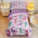 4 Piece Toddler Dinosaur Bedding Set for Girls,Pink Dino Toddler Comforter Sets Soft Bed Set Include Comforter,Fitted Sheet, Flat Top Sheet and Pillowcase,Bed in A Bag for Bedroom