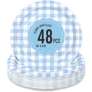 48 Pcs Gingham Party Supplies Blue Paper Plates - 9 Inches Disposable Plaid Decorative Dinner Dessert Serving Plates - For Baby Shower Wedding Birthday Party