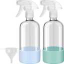 Glass Spray Bottles with Silicone Sleeves (2 Pack, 16 oz), Mist and Stream Empty Refillable Containers, Water Sprayer Misting Bottle for Cleaning Solutions, Planting, Hair Spraying, Green & Grey