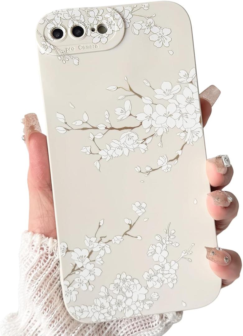 NITITOP Compatible with iPhone 7 Plus / 8 Plus Case Cute Aesthetic Cherry Blossom Pattern Design for Women Girls Soft TPU Shockproof Full Camera Protective Phone Cover - White