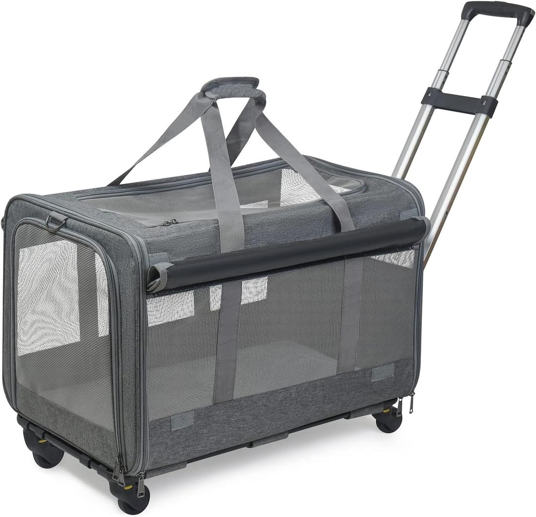 GJEASE Large Pet Rolling Carrier with Wheels for Up to 35 LBS, with Durable Handle and Flexible Wheels,Breathable and Collapsible Carrier for Small & Medium Pets