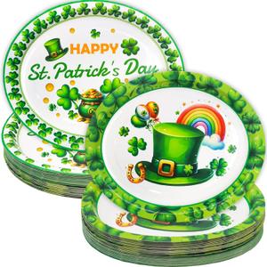 ceiba tree 30pcs St. Patrick's Day Oval Paper Plates Shamrock Green Disposable Plates Tableware Happy St. Patrick's Day Party Dinner Supplies