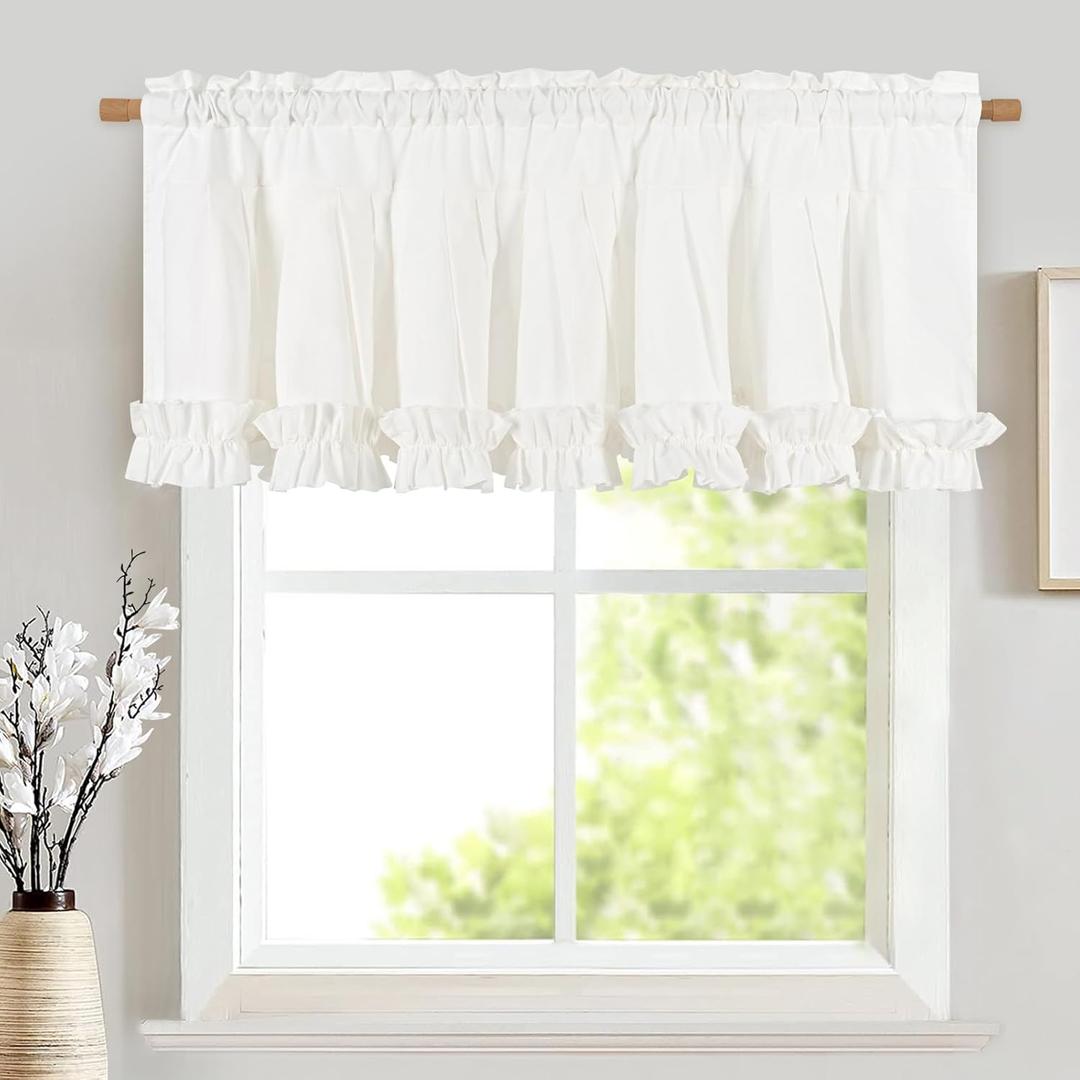 Likiyol Linen Valances for Windows Farmhouse Window Valances with Ruffle Rustic Country Light Filtering Kitchen Valance Curtains Rod Pocket Valance for Bathroom Cafe, White, 52" W X 18" L
