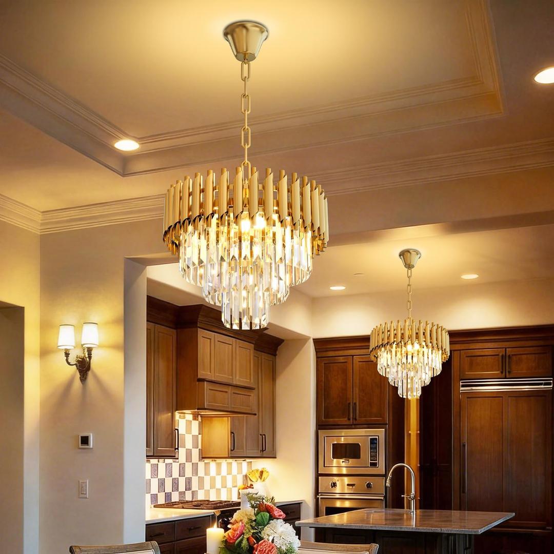 Modern Gold Crystal Chandelier 16" Round Chandeliers for Dining Room 3 Tiers Ceiling Pendant Light Fixtures Adjustable Hanging Chandeliers for Living Room Foyer Bedroom Kitchen