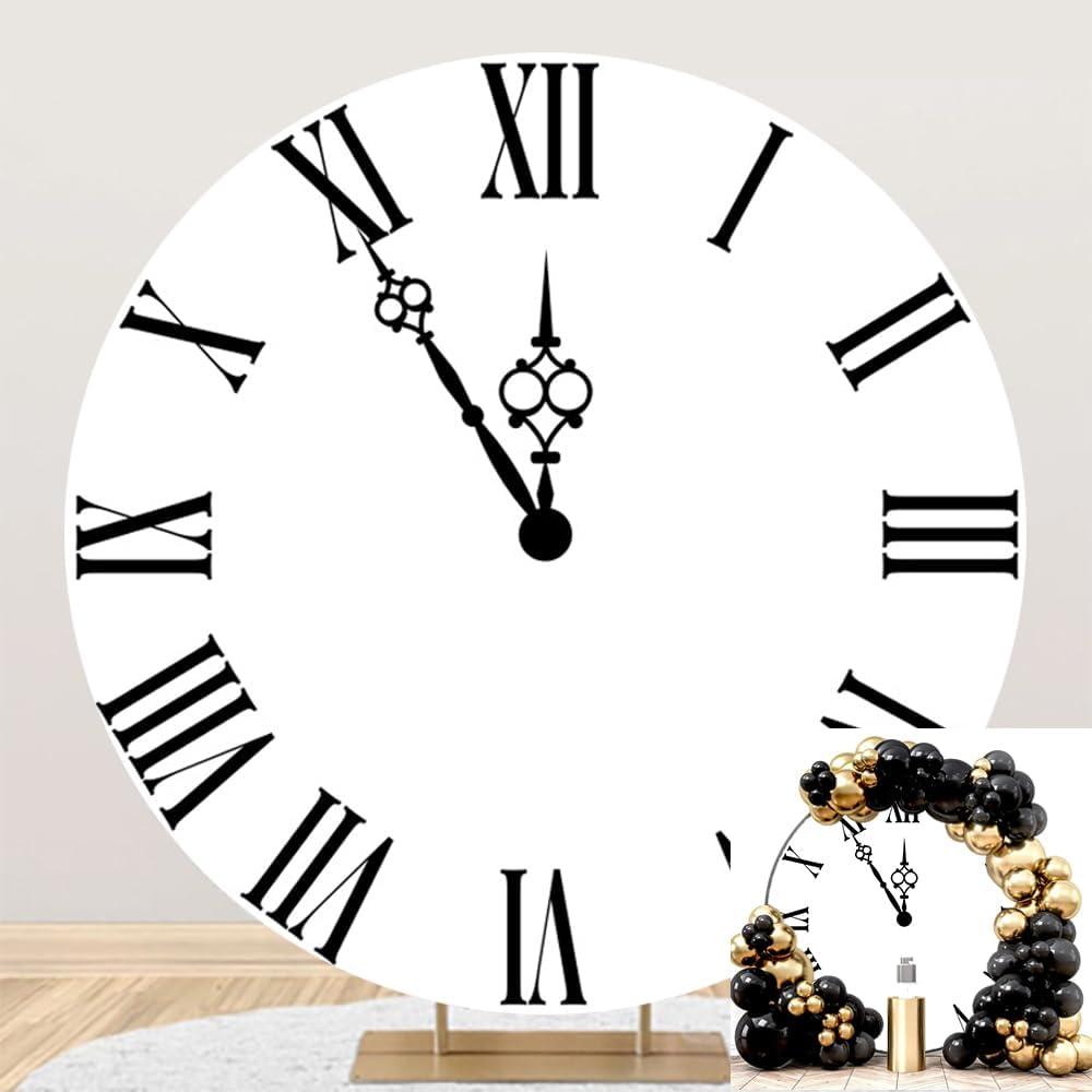 5x5ft White Clock Round Backdrop Cover Countdown Happy New Year Photography Background for Christmas New Year Eve Party Decoration Banner Kids Adults Family Portrait Photo Shoot Props