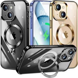 [CD Ring Compatible with MagSafe Invisible Stand] Magnetic for iPhone 15 Case, [Electroplated Bumper Non-Yellowing][Look as Bare iPhone] Slim Clear Case with Holder for Women Men Girls (Black)