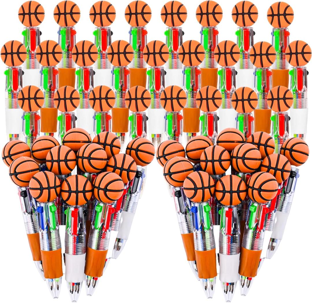 LiYiQ 50 Pcs Basketball Party Favor Multicolor Pen in One Cartoon Cute Fun 4-in-1 Cute Pens Bulk Kawaii Basketball Shape Cool Ballpoint Pens Fun Gifts