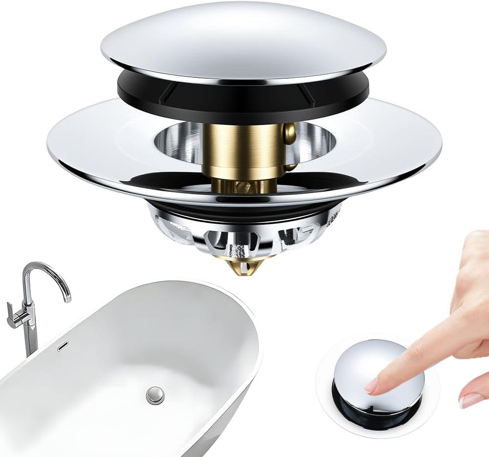 Universal Pop-Up Bathtub Stopper with Clog-Proof Strainer, Bath Drain Plug (Fits 1.4-1.6 Inch Drains)