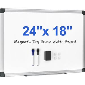 Magnetic White Board 24" x 18" for Wall, Dry Erase Board for Home Office, School, Study Room – Silver Aluminum Frame, 2 Markers, 4 Magnets, Eraser Included