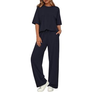BTFBM Summer Outfits For Women 2026 Two Piece Sets Casual Short Sleeve Spring Tops Wide Leg Pants Matching Lounge Set (S)