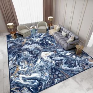 Washable Area Rug 9x12 - Artistic Style Modern Rug for Living Room Bedroom Dining Room, Soft Low Pile Machine Washable Carpet, Non Slip Non Shedding Area Rug - Dark Blue/Gold, 9'x12'
