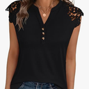 ANRABESS Womens Tops Dressy Casual Lace Cap Sleeve Henley Shirts Summer Sleeveless Button Up Blouses 2026 Spring Outfits, Black, Large