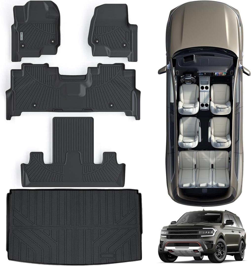 Floor Mats & Trunk mat for Ford Expedition MAX 2018-2023 2024-7 Seats(2 Row Bucket Seat)-(Only Fit MAX Or L),TPE All Weather Protection 3 Rows Car Floor Liners with Cargo Liner (Expedition MAX-7 seats(Bucket Seat))