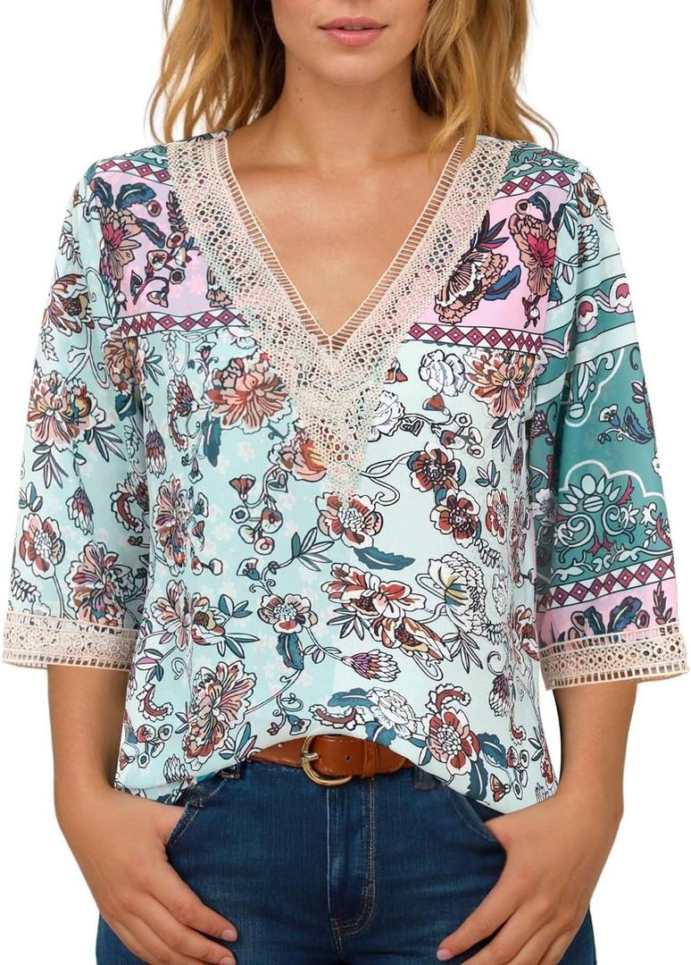IRISGOD Womens 3/4 Length Sleeve V Neck Tops Dressy Casual Chiffon Blouse Summer Floral Bohemian 2025 Tredny Shirts (L)