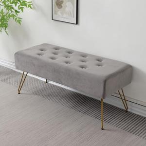 Velvet Button-Tufted Entryway Bench, 39.37" Modern Upholstered Bedroom Bench with Gold Metal Legs, Padded Rectangular End of Bed Bench for Living Room, Dining Room (Grey), 39.3" W x 16" L x 16.8" H