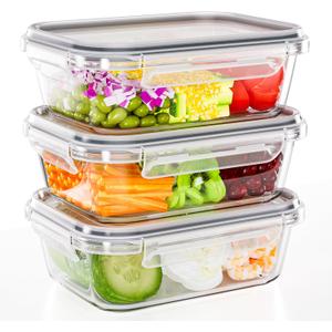 3-Pack 35 oz Borosilicate Glass Food Storage Containers with Lids, Stackable Airtight Glass Meal Prep Containers for Lunch & Leftover, BPA-Free & Leak Proof, for Microwave, Oven, Dishwasher