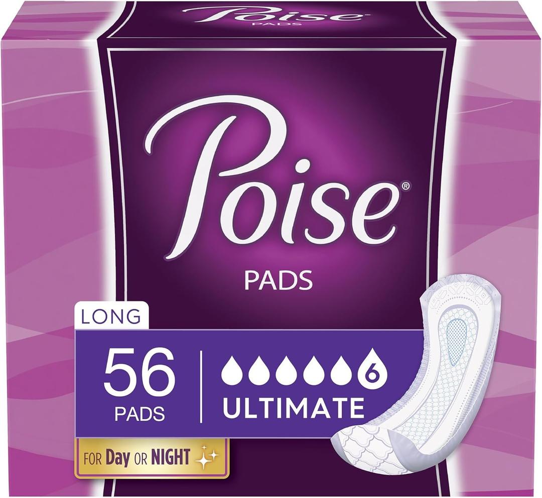 Poise Fresh Protection Ultimate Female Incontinent Pad Long Length 15.9" L 51442, Ultimate, 56 Ct