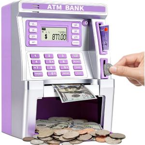 Purple Piggy Bank for Kids, ATM Machine Bank for Real Money with Debit Card, Bill Feeder, Coin Recognition, Balance Calculator, Electronic Savings Safe Box, Gifts for Teen Boy Girl