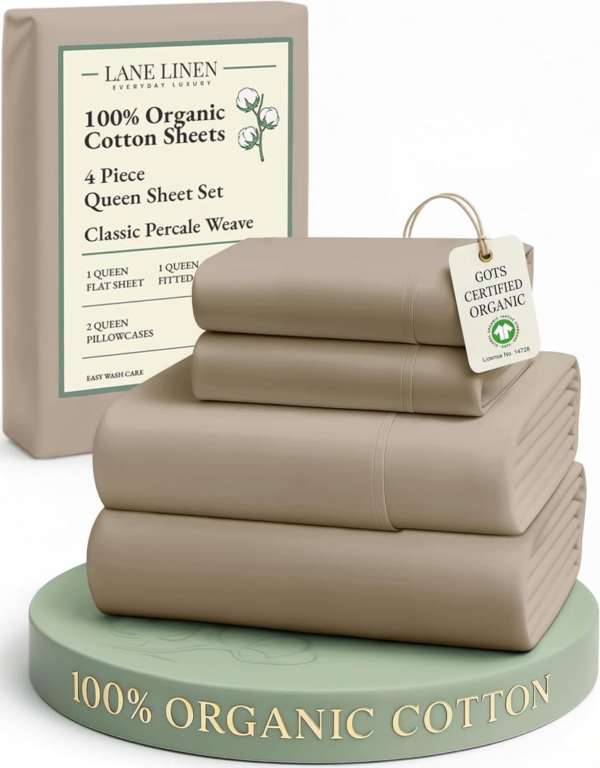 LANE LINEN 100% Organic Cotton Sheets Set Pure Long- Staple Percale Weave - Bedding for Bed Fits Mattress Upto 15" Deep Pocket (Queen Taupe)