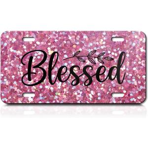 License Plate, Black Front Funny Cute Decoration Aluminum Metal License Plates Cover with 4 Holes, Novelty Vanity Tag Cover Car Decor Accessory Glitter Pink Words