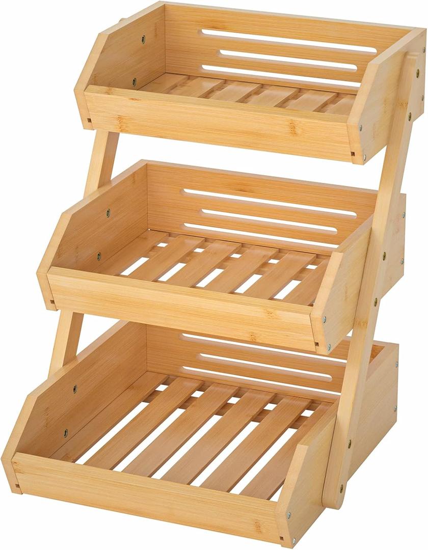 G.a HOMEFAVOR Bamboo Fruit Basket, Fruit Organizer for Kitchen Counter, Vegetable Storage Stand, 15 mm Thickness (Self-assembly) (3-Tier)