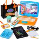 Pretend Play Home Office Set for Kids  Toy Laptop Computer, LCD Writing Tablet, Pop Fidget Calculator, Phone, Headset, Glasses, Coffee Cup & Handbag, Birthday Gifts for Boys Girls Age 3-5-7