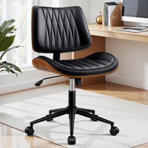 Ergonomic Armless Office Desk Chair - Mid-Century Modern Black Faux Leather with Diamond Stitch, Adjustable Height Swivel Rolling Task Computer Chair with Walnut Accent for Home Office, Study & Work