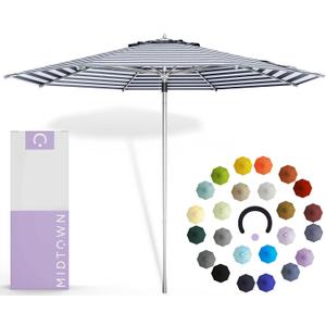 Midtown Umbrellas Push and Pop 8 Feet Outdoor Umbrella, Navy/White Stripes Polyester Fabric - Fiberglass Ribs Deck Patio Umbrella, Backyard Umbrella, Garden Umbrella & Pool Umbrella - Silver Pole