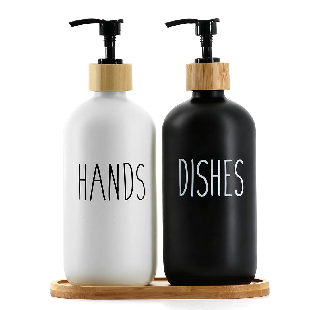 16Oz Black & White Glass Soap Dispenser with Bamboo Tray, Reusable for Hand and Dish Soap, Farmhouse Decor for Kitchen & Bathroom (2 Pack)