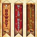 3 Pcs Western Party Decorations Cowboy Banners Wild West Hanging Decor Howdy Yes Haw Porch Sign Backdrops for Indoor Outdoor Western Cowboy Birthday Photo Props Vintage Wedding Party Supplies