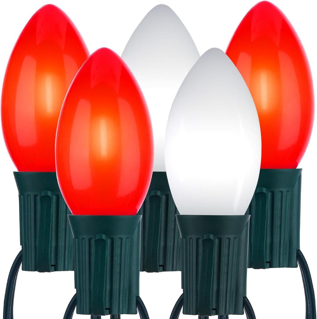 Vintage C9 LED Christmas Lights Outdoor, 100 Feet C9 String Lights with 100 Shatterproof C9 Bulbs, Waterproof Connectable Christmas Tree Lights for Outside Roofline Patio Xmas Decor, Red & Pure White