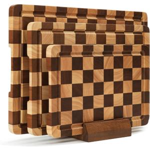 Checkered Cutting Board Set, 3-Piece Wood Checkerboard Cutting Boards for Kitchen with Stand, Chopping Board Set with Juice Groove & Handle for Meat, Vegetables, Cheese & Serving