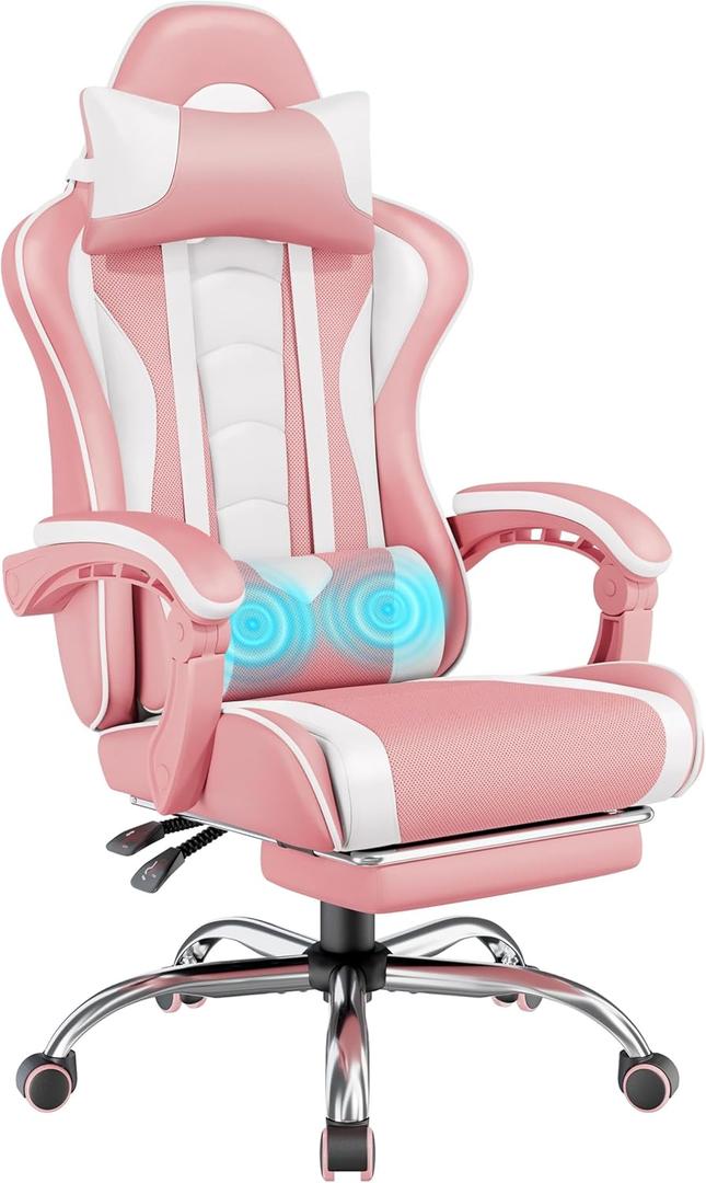 Yaheetech Gaming Chair, Video Game Chair with Massage Lumbar Support and Footrest Height Adjustable Ergonomic Computer Chair with Swivel Seat and Headrest, Pink/White