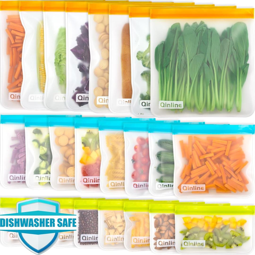 Reusable Food Storage Bags - 24 Pack Freezer Bags, Reusable Bags Silicone, Extra Thick Leakproof Reusable Lunch Bag for Salad Fruit Marinate Meats - 8 Gallon 8 Sandwich 8 Snack Bags (Multicolor)