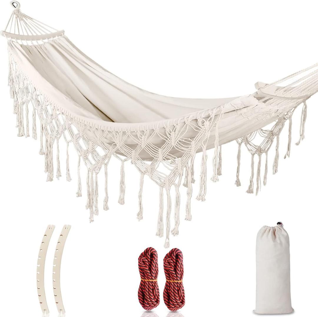 MOSFiATA Backyard Hammock with Tassels Max 500lbs Canvas Fabric Bohemian Style with Thickened Rope and Carry Bag for Outdoor, Garden, Patio, Wedding Decor (White)
