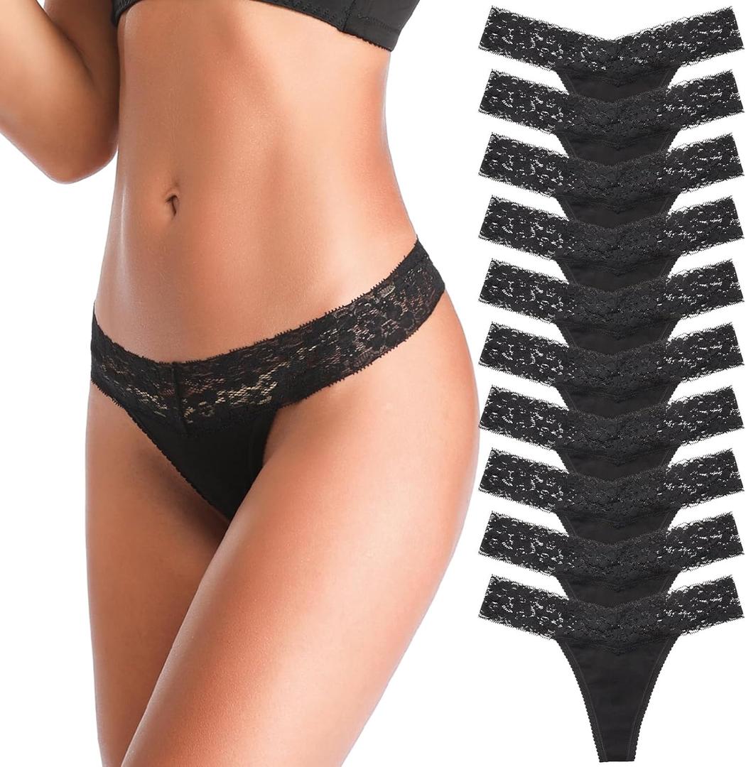 ANNYISON Women's Thongs, T Back Low Waist See Through Panties Cotton Seamless Lace Thongs for Women (Medium, Black 10 Pack)