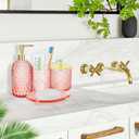 Haturi Pink Bathroom Accessories Set, 4 Pcs Glass Bathroom Accessory Set Complete w/Soap Dispenser, Toothbrush Holder, Qtip Holder, Vanity Tray, Gold Bathroom Set Decor, Gift for Girl Home Apartment