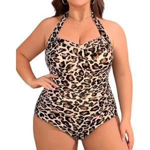 Yonique Plus Size Bathing Suit for Women One Piece Swimsuit Tummy Control Halter Tops for Women Swimwear 20W, Leopard