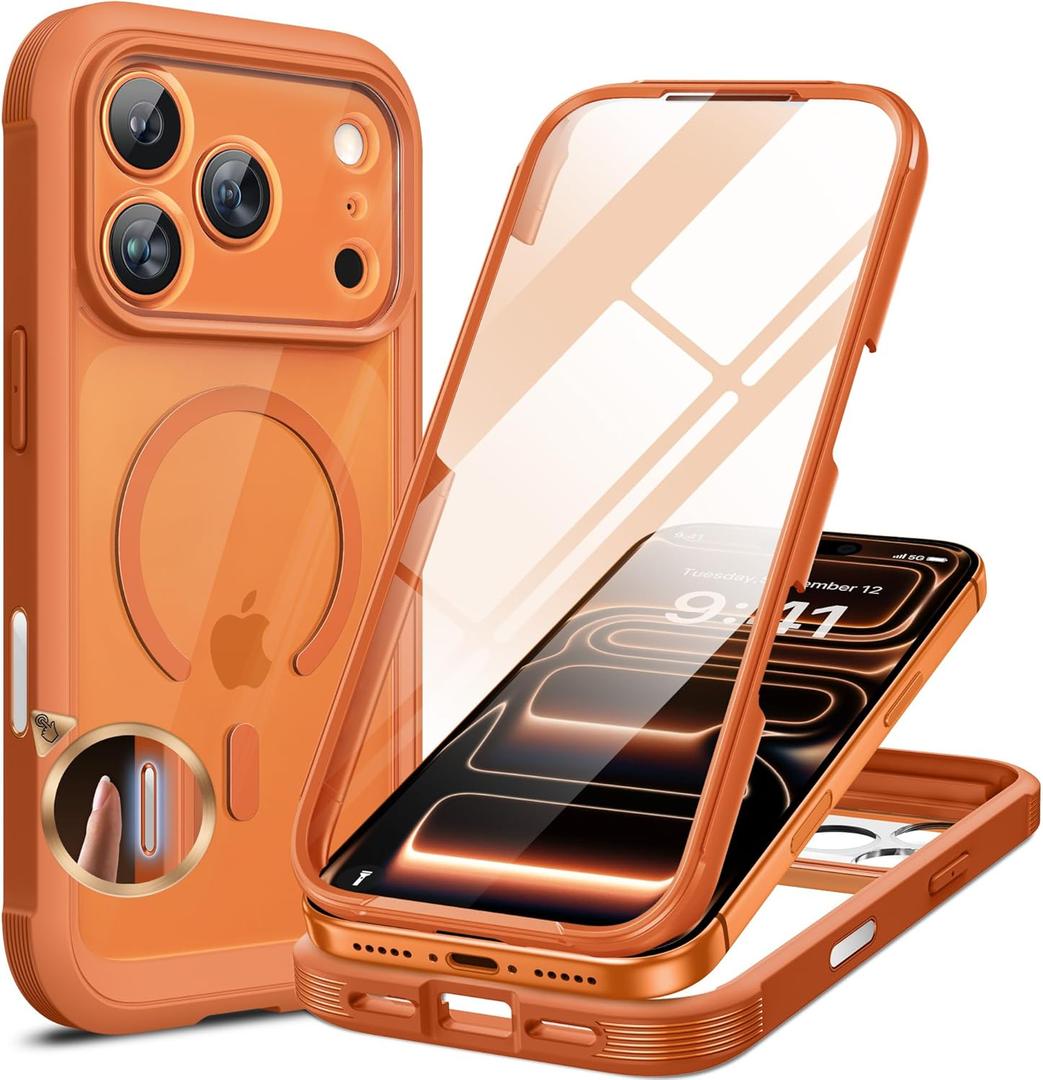 Miracase Magnetic for iPhone 17 Pro Case 6.3" [Compatible with MagSafe] Full-Body Phone Case with Built-in Glass Screen Protector & Camera Control,Drop Proof iPhone 17 Pro Cover, Orange
