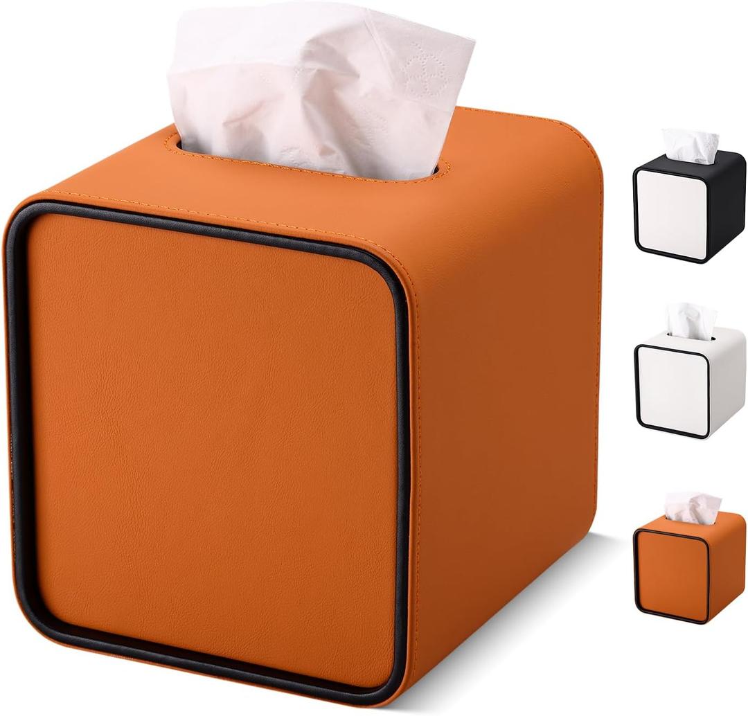 GORESE Square Tissue Box Cover for Kleenexs, PU Leather Tissue Box Holder, Decorative Tissue Holder Cover for Bathroom Bedroom Living Room Office, Orange
