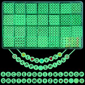 DIYDEC 1400pcs Glow Letter Beads 4x7mm Acrylic Glow in The Dark 28 Grids Round Letter Beads UV Luminous Alphabet Beads with Heart Beads for Bracelets Making DIY Crafts for Girls Adults